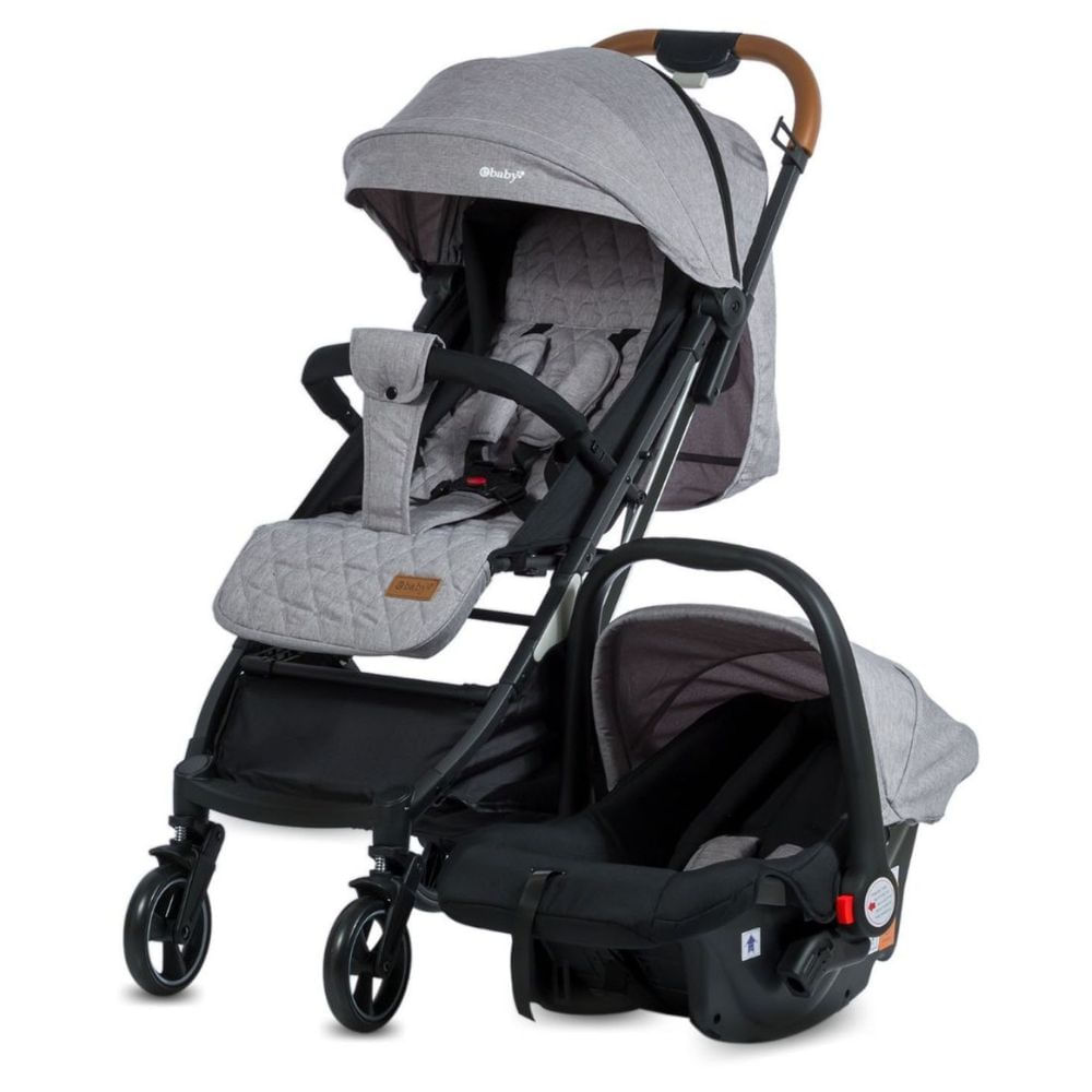 Coche maleta Travel Happy con porta bebé, plegado compacto, capota completa, llantas con amortiguación, gris